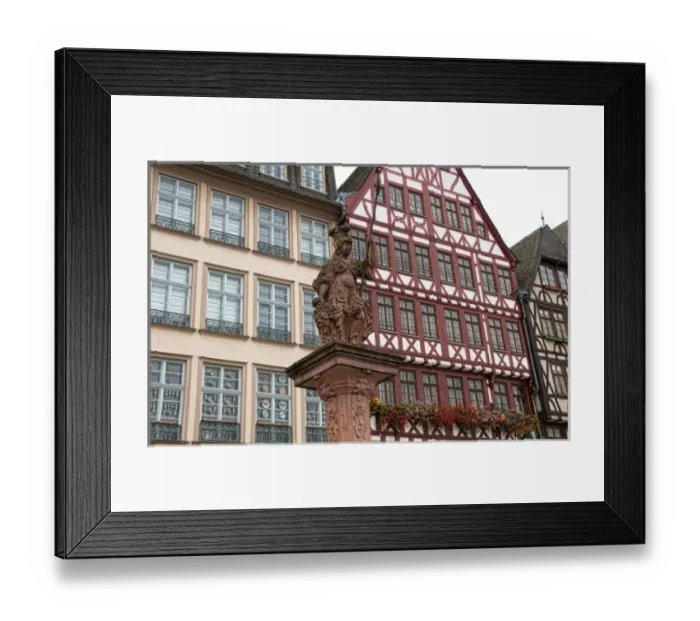 Framed Print : Gabled architecture and statue of Romerberg, Old Town, Frankfurt, Germany Framed Print : Gabled architecture and statue of Romerberg, Old Town, Frankfurt, Germany