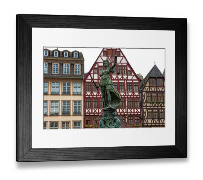 Framed Print : Gabled architecture and statue of Romerberg, Old Town, Frankfurt, Germany Framed Print : Gabled architecture and statue of Romerberg, Old Town, Frankfurt, Germany
