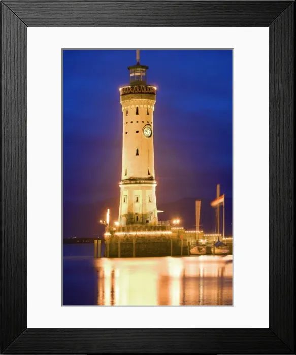 Framed Print : Germany, Lake Constance. View of lighthouse on Lindau Island at sunset