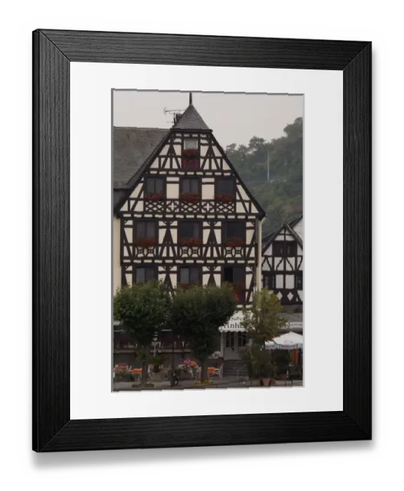 Framed Print : Germany. Typical half-timbered hotel along the Rhine River around Rheineck & Bad