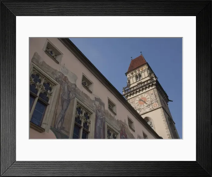 Framed Print : Germany, Bavaria, Passau. 14th century Gothic Town Hall clock tower & exterior wall frescoes