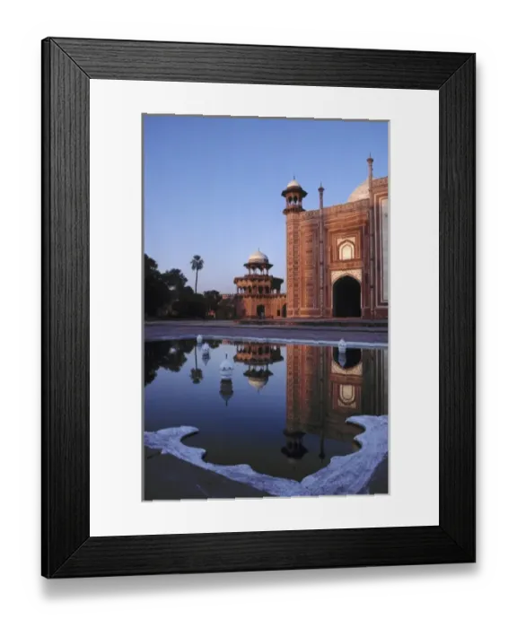 Framed Print : Asia, India, Agra. A mosque is reflected in a still pool in the Taj Mahal Complex