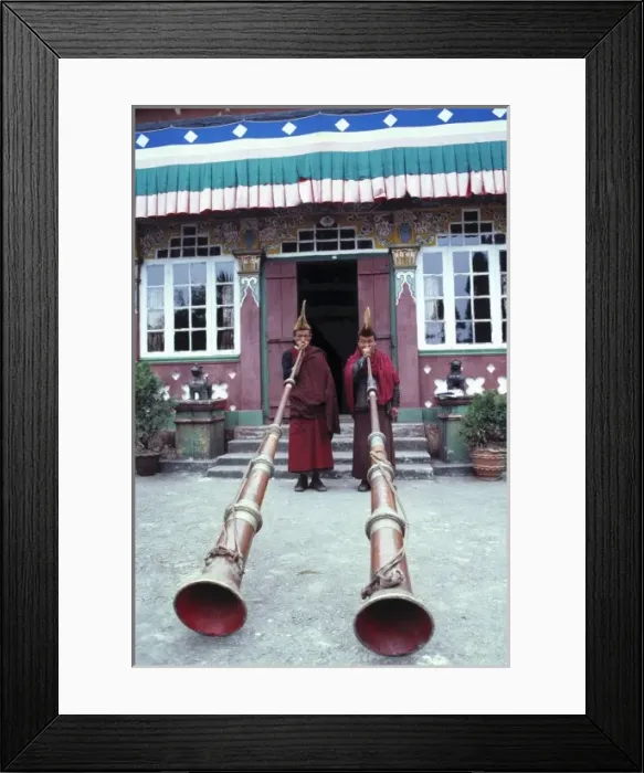Framed Print : Asia, India, Darjeeling. Buddhist monks at Ghoom Monastery are dwarfed by their enormous Framed Print : Asia, India, Darjeeling. Buddhist monks at Ghoom Monastery are dwarfed by their enormous