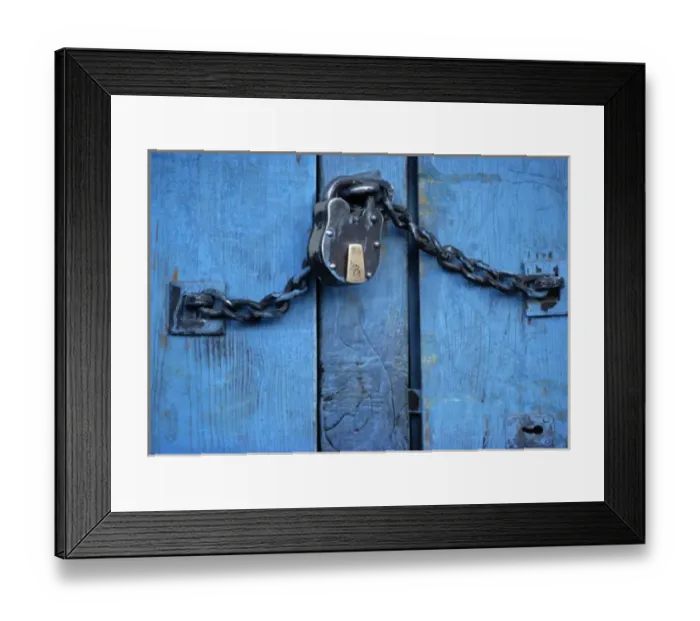 Framed Print : Asia, India, Ladakh, Kargil. A padlock secures a blue door in Kargil, Ladakh, India