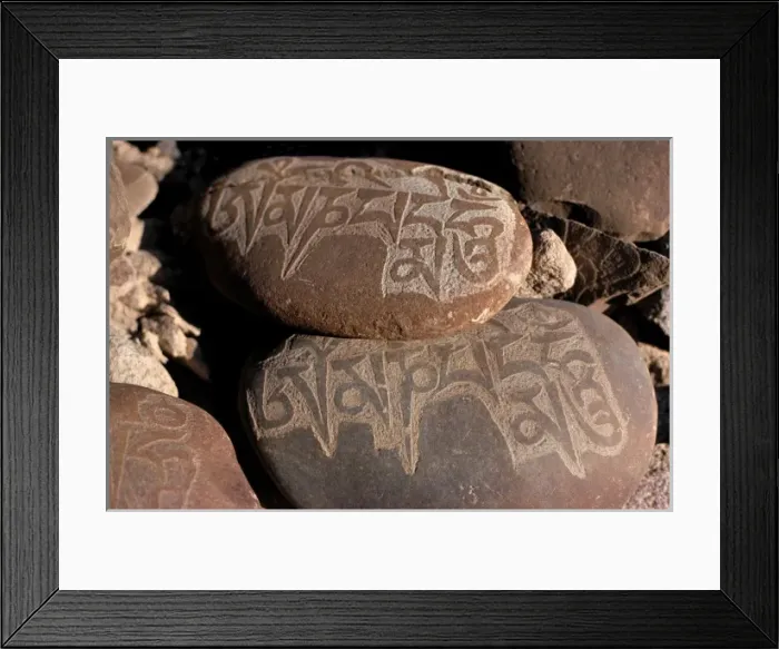 Framed Print : Asia, India, Ladakh. A close-up of finely-carved Mani stones in Ladakh, India, reveals