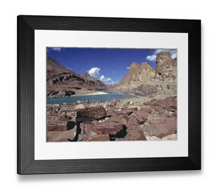 Framed Print : Asia, India, Ladakh, Zanskar River. Mani stones cover the banks of the Zanskar River, Ladakh, India