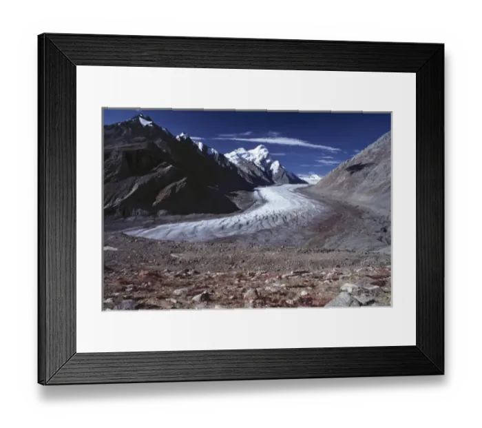 Framed Print : Asia, India, Ladakh, Pensila. Pensila Glacier cuts a cold, white swath through the Zanskar Valley