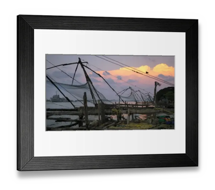 Framed Print : Asia, India, Kerala, Kochi (Cochin). A semi-silhouette of a Chinese fishing net Framed Print : Asia, India, Kerala, Kochi (Cochin). A semi-silhouette of a Chinese fishing net