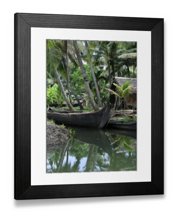 Framed Print : Asia, India, Kerala (Backwaters). A dugout canoe tied up alongside a Kerala Backwaters canal Framed Print : Asia, India, Kerala (Backwaters). A dugout canoe tied up alongside a Kerala Backwaters canal