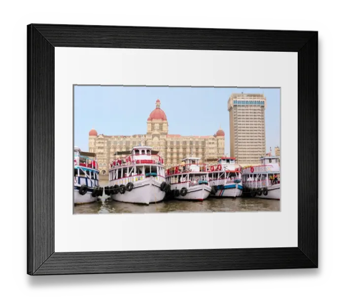 Framed Print : Asia, India, Maharashtra, Mumbai. The Taj Mahal Hotel in Mumbai and boats docked in the marina Framed Print : Asia, India, Maharashtra, Mumbai. The Taj Mahal Hotel in Mumbai and boats docked in the marina