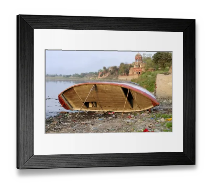 Framed Print : Asia, India, Uttar Pradesh, Agra. A boat alongside the Yamuna River behind the Taj Mahal Framed Print : Asia, India, Uttar Pradesh, Agra. A boat alongside the Yamuna River behind the Taj Mahal