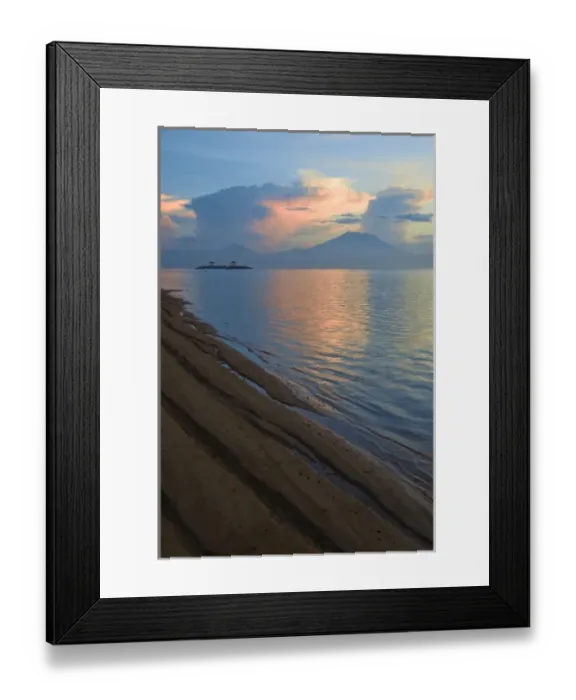 Framed Print : Indonesia, Bali. Sunrise on Sanur Beach with Mount Gunung Agung in distance