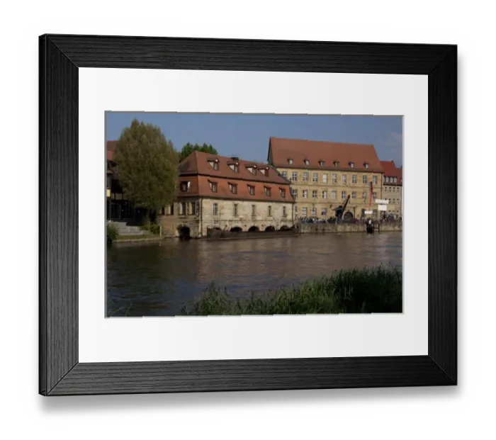 Framed Print : Germany, Bamberg. Historic buildings along the Regnitz River