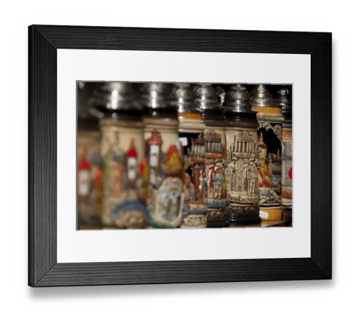 Framed Print : Germany, Rothenburg. Typical German souvenirs, traditional beer steins