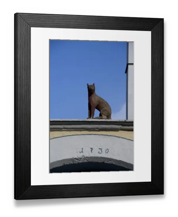 Framed Print : Germany, Franconia, Rothenburg. Cat statue on historic wall, c. 1730 Framed Print : Germany, Franconia, Rothenburg. Cat statue on historic wall, c. 1730