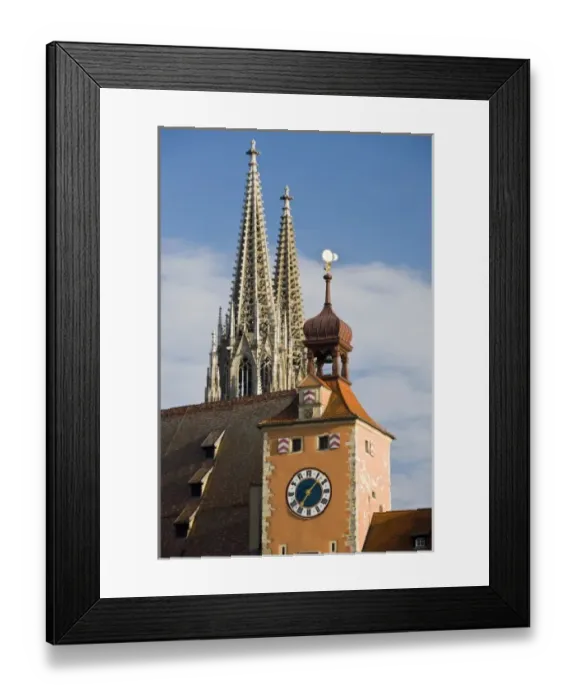 Framed Print : Germany, Bayern-Bavaria, Regensburg. View from Danube River and Steinerne Bridge