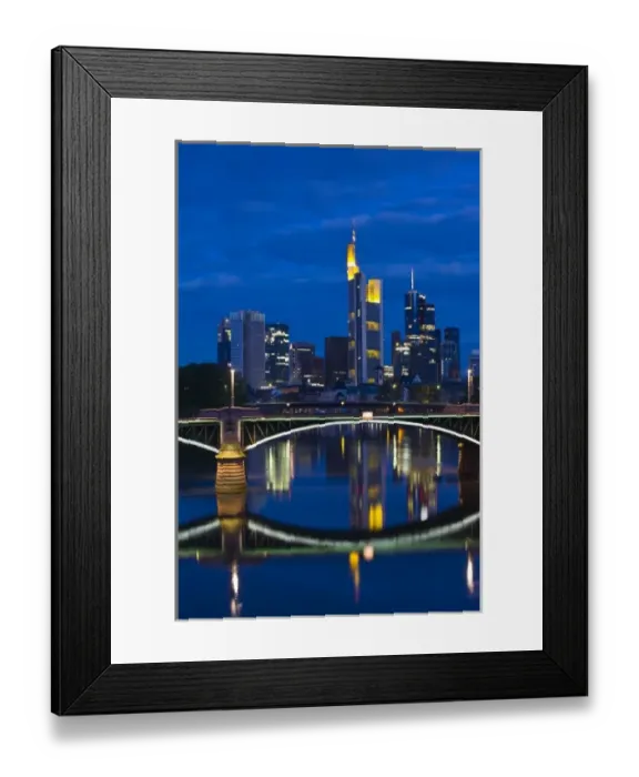 Framed Print : Germany, Hessen, Frankfurt am Main. Skyline from Main River and Ignatz Bubis Brucke bridge, dawn Framed Print : Germany, Hessen, Frankfurt am Main. Skyline from Main River and Ignatz Bubis Brucke bridge, dawn