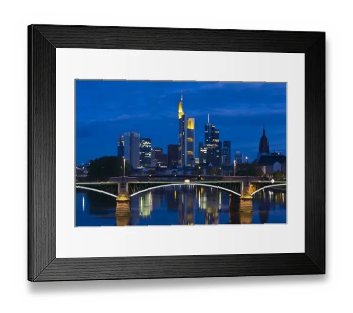 Framed Print : Germany, Hessen, Frankfurt am Main. Skyline from Main River and Ignatz Bubis Brucke bridge, dawn Framed Print : Germany, Hessen, Frankfurt am Main. Skyline from Main River and Ignatz Bubis Brucke bridge, dawn