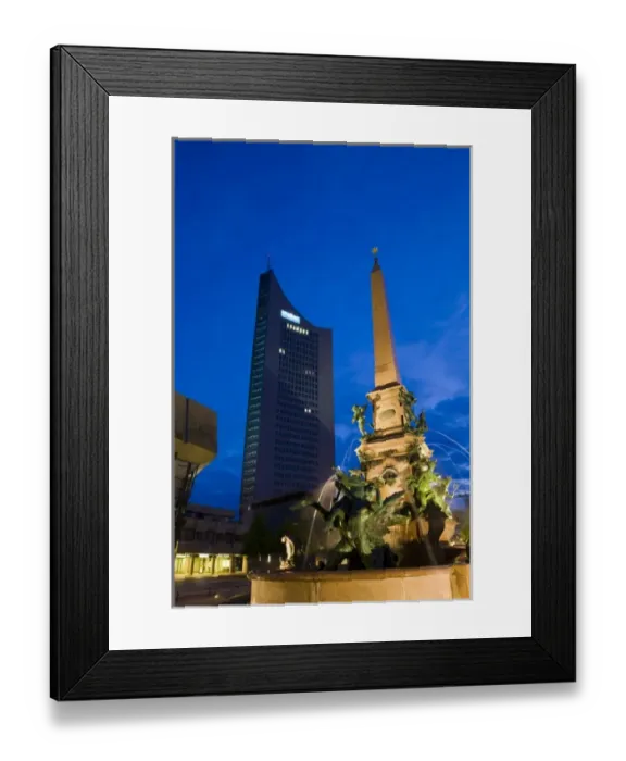 Framed Print : Germany, Sachsen, Leipzig. Mende Brunnen fountain and MDR Hochhaus tower Framed Print : Germany, Sachsen, Leipzig. Mende Brunnen fountain and MDR Hochhaus tower