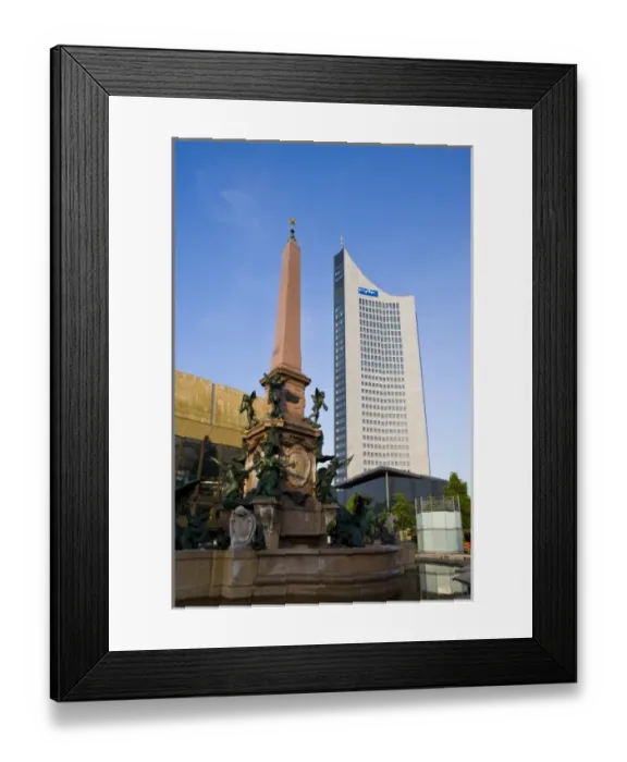 Framed Print : Germany, Sachsen, Leipzig. Mende Brunnen fountain and MDR Hochhaus tower Framed Print : Germany, Sachsen, Leipzig. Mende Brunnen fountain and MDR Hochhaus tower