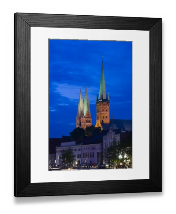 Framed Print : Germany, Schleswig-Holstein, Lubeck. Petrikirche and Marienkirche churches from the Trave River