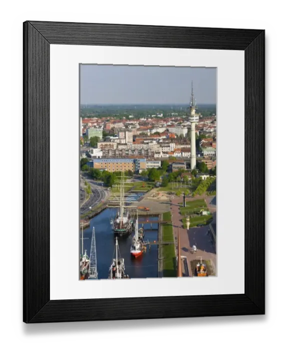 Framed Print : Germany, State of Bremen, Bremerhaven. Harbor view from Atlantic Sail City Building