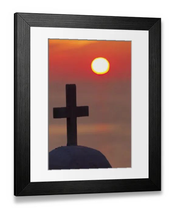 Framed Print : Cross on church at sunset over ocean, Mykonos, Greece Framed Print : Cross on church at sunset over ocean, Mykonos, Greece