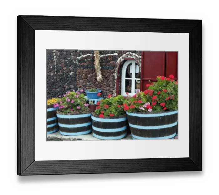 Framed Print : Flowers in barrel, Imerovigli, Santorini, Greece Framed Print : Flowers in barrel, Imerovigli, Santorini, Greece