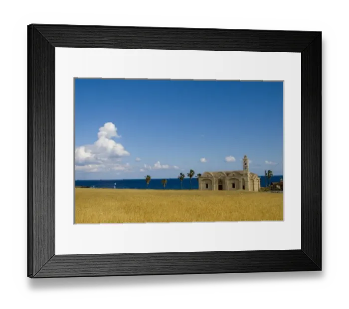 Framed Print : Cyprus, Karpas peninsula, Ayios Thyrsos church and the sea