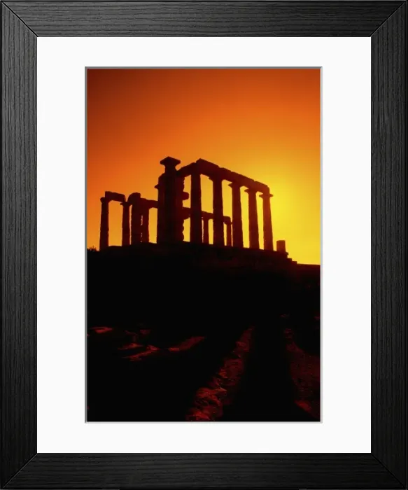 Framed Print : Beautiful ruins on cliff in Cape Sounion Poseidon Greece with orange sunset