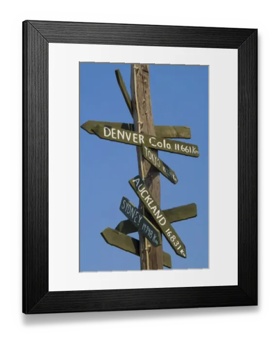 Framed Print : Signage of different cities at Oia, Santorini Greece