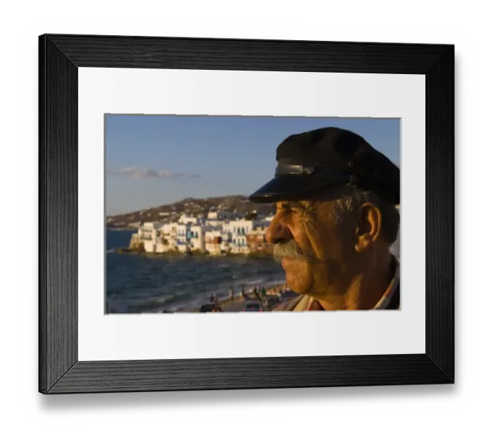 Framed Print : Portrait of a local elderly man looking at the sea, at Mykonos (MR)