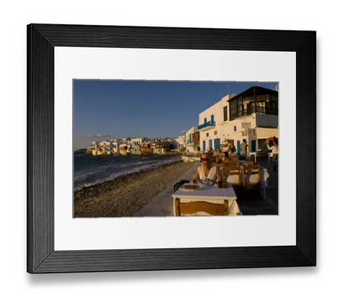 Framed Print : People eating at a restaurant near the beach at Little Venice, Mykonos (MR)