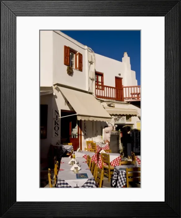 Framed Print : Outdoor restaurant, Nikos, preparing for a meal, Mykonos