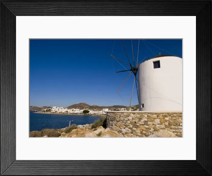 Framed Print : Windmill on the harbor front, Paros Island, Greece