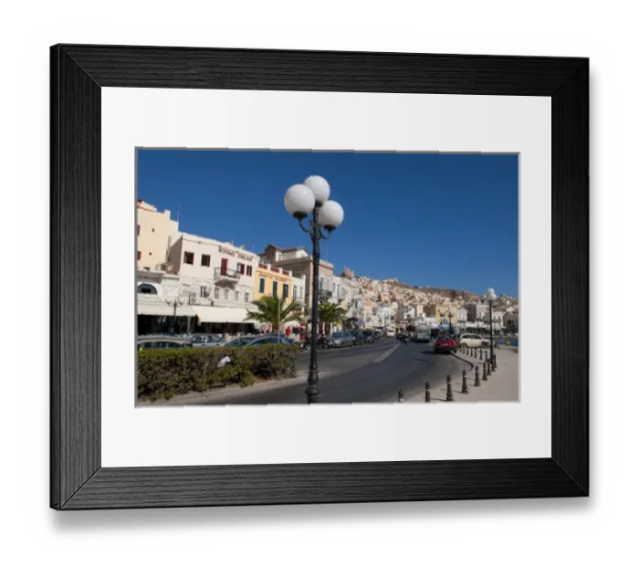 Framed Print : Hermoupolis, Syros Island, Greece. Main street shops and traffic Framed Print : Hermoupolis, Syros Island, Greece. Main street shops and traffic