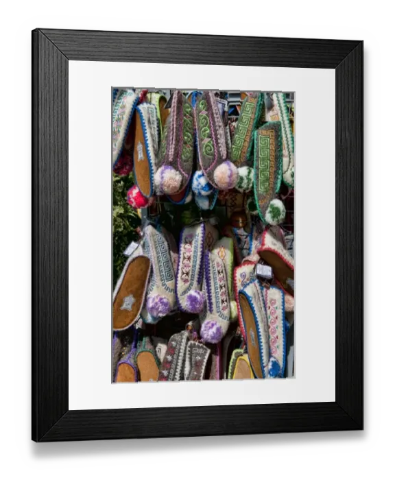Framed Print : Greek souvenir shoes on rack in downtown shopping area of Plaka, Athens, Greece Framed Print : Greek souvenir shoes on rack in downtown shopping area of Plaka, Athens, Greece