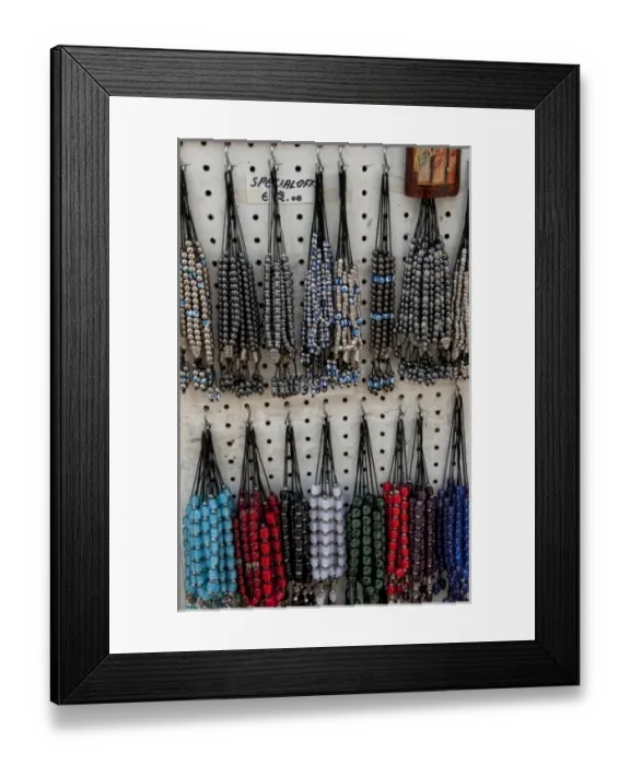 Framed Print : Greek souvenir beads on rack in downtown shopping area of Plaka, Athens, Greece
