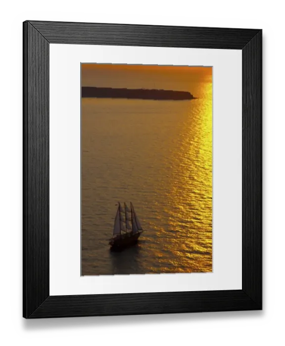 Framed Print : Big masked sailboat sailing in sunset of beautiful Oia in Santorini Greece in Greek Framed Print : Big masked sailboat sailing in sunset of beautiful Oia in Santorini Greece in Greek
