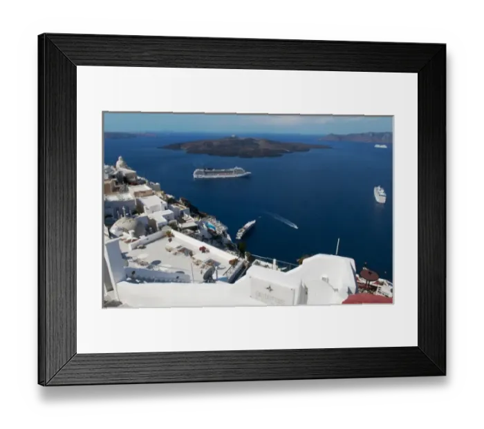 Framed Print : Looking down at white houses and the sea with ships at harbor in Santorini Greece