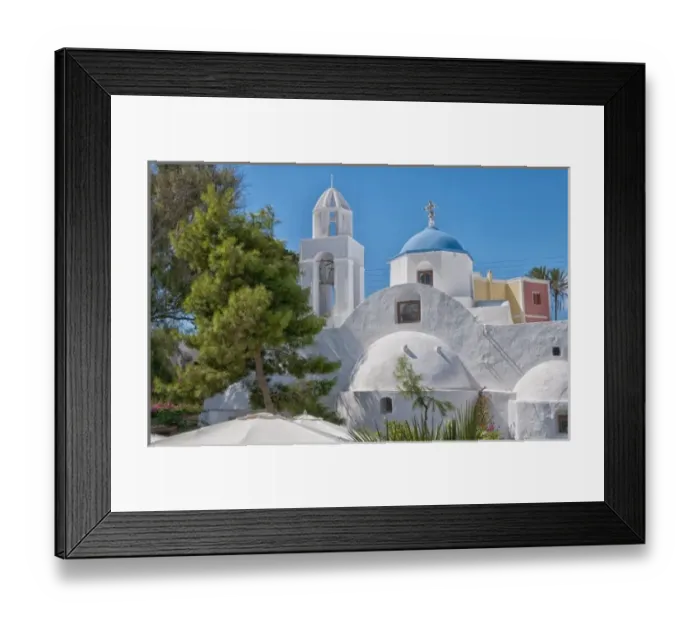 Framed Print : White curved colorful buildings in small traditional village near Kamari in Santorini Framed Print : White curved colorful buildings in small traditional village near Kamari in Santorini