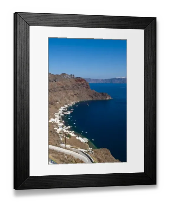 Framed Print : Harbor with boats in isolated village of Thirassia across from Santorini Greece in