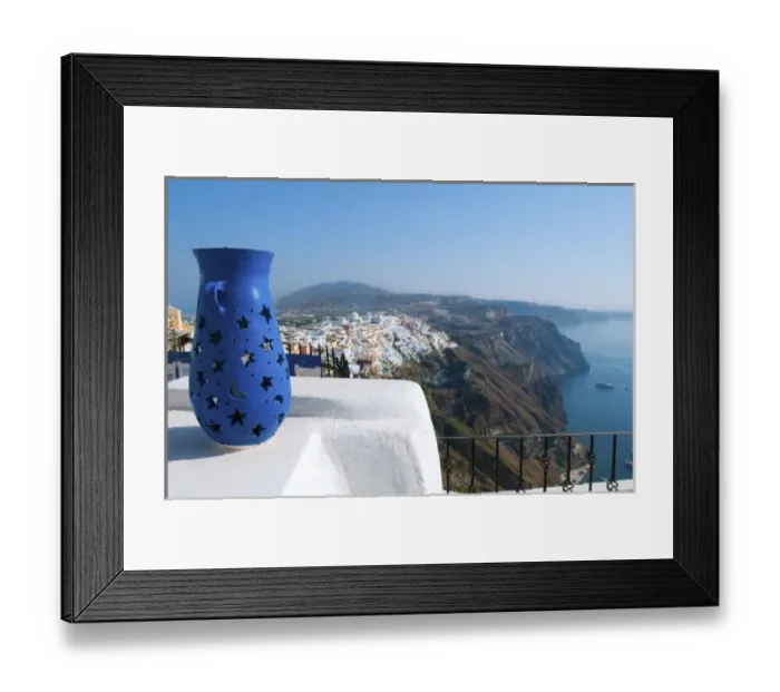 Framed Print : Peak of mountain with vase overlooking Fira at beautiful Santorini Greece in Greek Framed Print : Peak of mountain with vase overlooking Fira at beautiful Santorini Greece in Greek