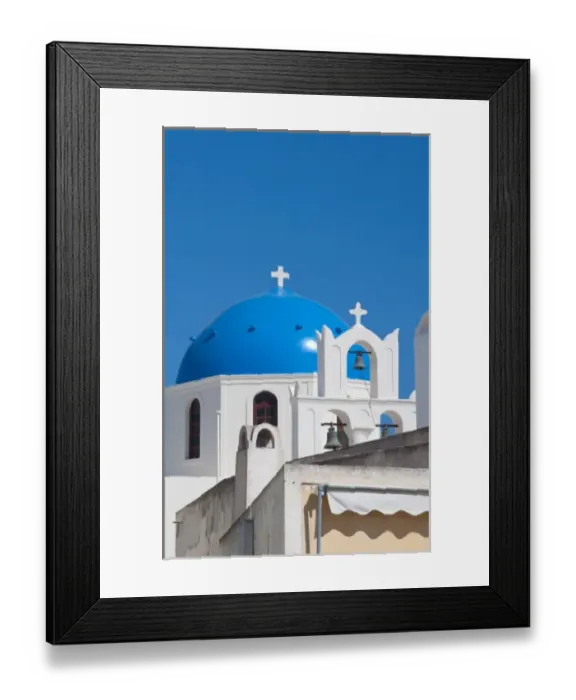 Framed Print : Blue domb church of beautiful Oia in Greek Island of Santorini Greece on cliffs Framed Print : Blue domb church of beautiful Oia in Greek Island of Santorini Greece on cliffs