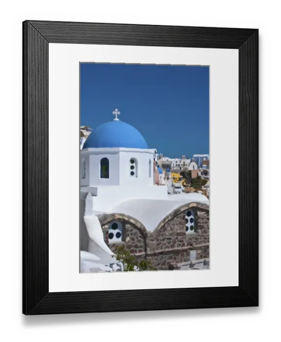 Framed Print : Blue domb church of beautiful Oia in Greek Island of Santorini Greece on cliffs