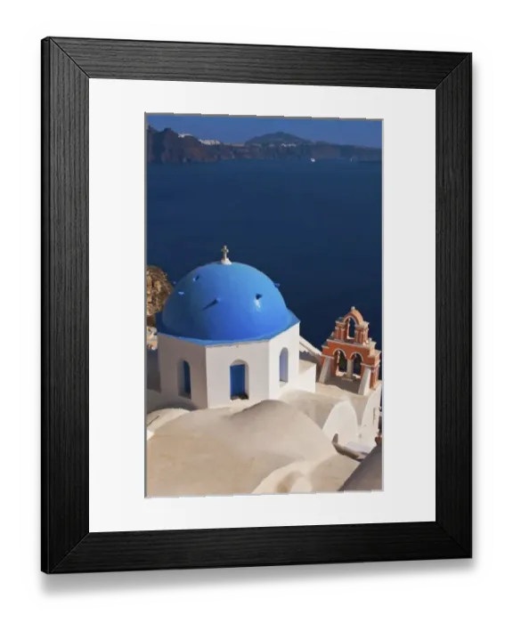 Framed Print : Blue domb church of beautiful Oia in Greek Island of Santorini Greece on cliffs Framed Print : Blue domb church of beautiful Oia in Greek Island of Santorini Greece on cliffs
