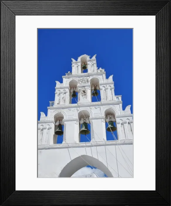 Framed Print : Church with bells in small traditional village near Kamari in Santorini in Greek Islands Framed Print : Church with bells in small traditional village near Kamari in Santorini in Greek Islands