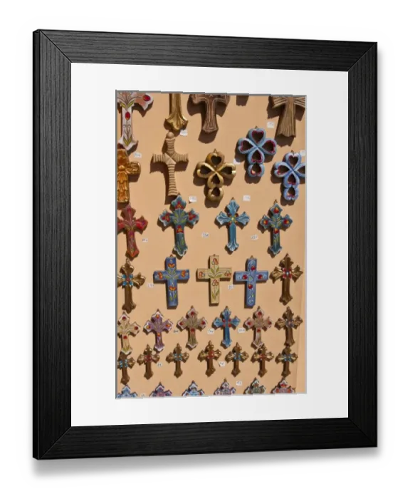 Framed Print : Greek religious cross for sale in store in Oia in Greek Islands of Santorini in Greece Framed Print : Greek religious cross for sale in store in Oia in Greek Islands of Santorini in Greece