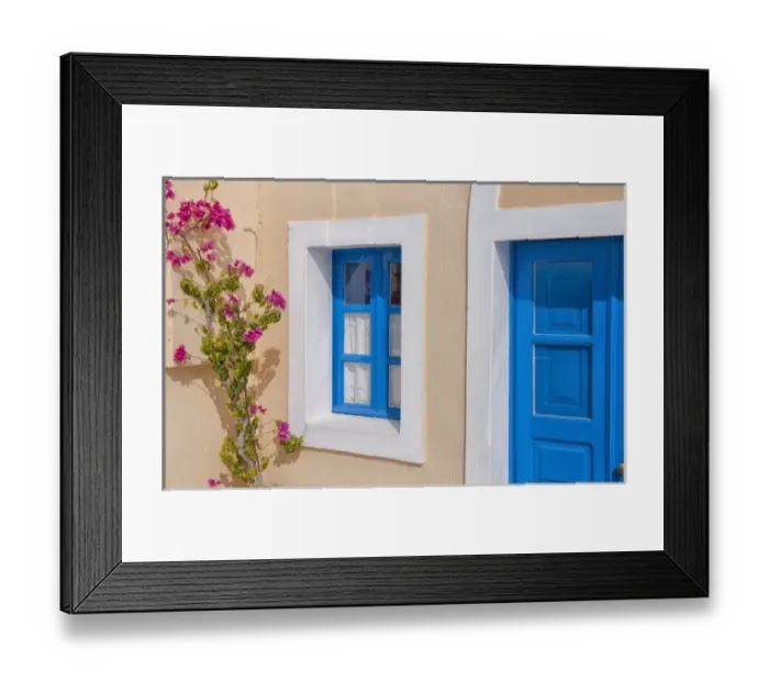 Framed Print : Close up of doorway and flowers in Santorini Greece in Greek Islands Framed Print : Close up of doorway and flowers in Santorini Greece in Greek Islands