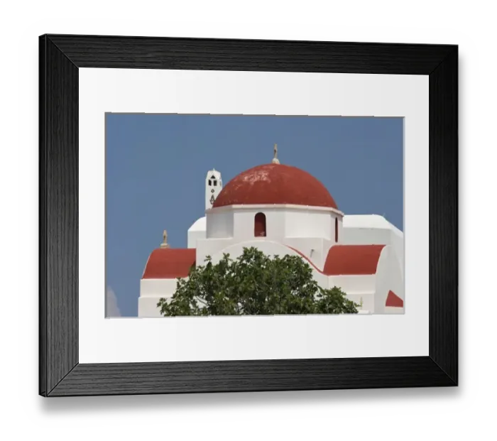 Framed Print : Greece, Mykonos, Hora. Red church dome and white walls against blue sky Framed Print : Greece, Mykonos, Hora. Red church dome and white walls against blue sky